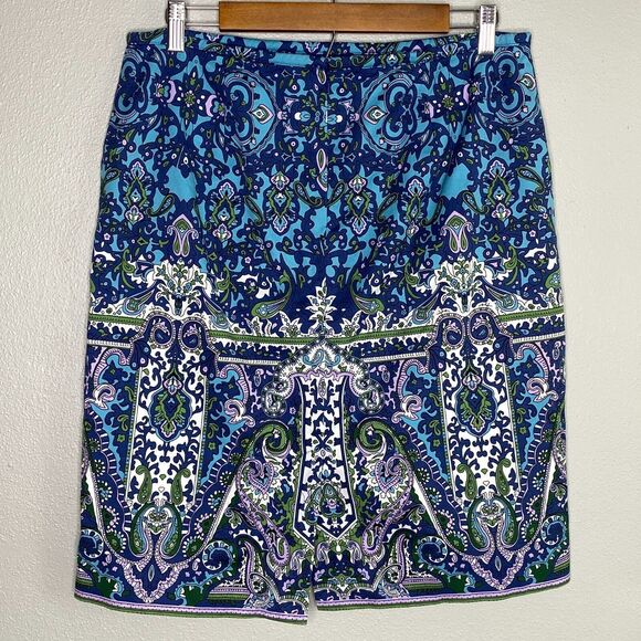Talbots Womens Petites Skirt 10P Blue Purple Paisley Floral Pencil Lined Stretch - Picture 4 of 10
